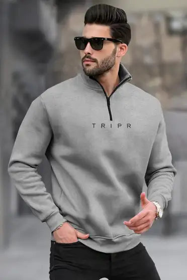 Solid High Neck Casual Men Cotton Blend Grey Sweater