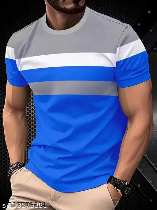 Men's Color Block Round Neck T-Shirt - Casual Summer Sportswear, Stretch Polyester Blend, Comfortable Knit Fabric for Casual Attire, Casual Outings | Relaxed Fit Top | Durable Fabric, T Shirt