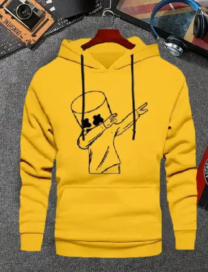 Printed Hooded Neck Casual Men Cotton Fleece Blend Gold Sweater